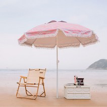 감성파라솔 태슬 비치 제주 수박 플라워 스트라이프 그늘막 트리밍 동남아 도트 프린팅 레이스, 단일사이즈, 딸기 우유