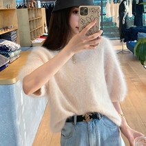 핑크비올라 크림 폭신 앙고라 라운드 반팔 니트 티셔츠