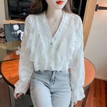 여성 브이넥 레이스 블라우스 셔츠 남방 하객룩