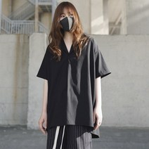 셔츠블라우스 블랙 느슨한 반팔 셔츠 여름 여성 다크 쿨 쿠바 칼라 쉬폰 탑 레이온