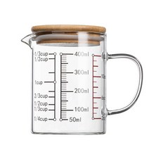 현물 뜨거운 판매 측정 컵 스테인레스 스틸 측정 컵 강화 유리 측정 컵 내열 유리 측정 컵 컵 두꺼운 우유 컵 주방 베이킹 전자 레인지 가열 유리 컵, 두꺼운 대금 400ml 대나무 커버