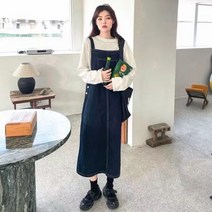 멜빵 청치마 코디 빅사이즈 롱 스커트 캐주얼 점프슈트 복고 봄 가을 루즈핏