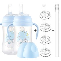 1+1 순수아 역류방지 빨대컵 2개+빨대꼭지 4개+빨대솔 2개 240ml 300ml, 1+1 빨대컵 240ml 빨대형/블루, 2개입