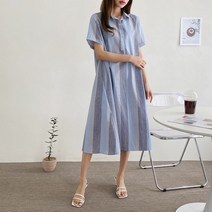 옷자락 여자 여름 스트라이프패턴 셔츠핏 스트랩 롱 원피스