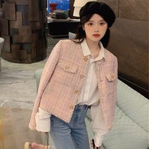 헤링본자켓 트위드 셋업 자켓 하운드 노카라 여성 헤링본 배색 체크