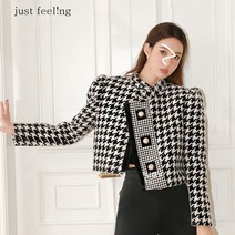 just feel!ng 여성 빅사이즈 블랙 화이트 체크 진주버튼 숏 코트 지그재그 스트라이프 직장자켓