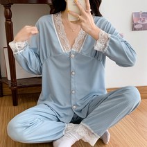 스타일아유 봄 여성용 긴팔 면 레이스 잠옷 상하 세트 바지 파자마 홈웨어