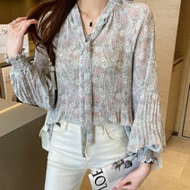 가벼운 폴리소재 넥 스트랩 여자 플라워 블라우스