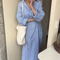 블루 스트라이프 마 여름 루즈핏 긴팔 셔츠 원피스