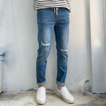 라운지21 남자 밴딩 데미지 덧뎀 중청 워싱 슬림 스판 청바지