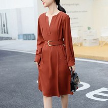 [하나비] 나디브리나 2040 여성 봄 가을 5컬러 ㄹ운드넥 무지 허리 밸트 플레어 무릎길이 원피스