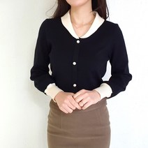 반이무드 여성 가디건 단아한 숄카라 진주 라운드넥 배색 니트 티