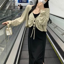 55-99/데일리 빅사이즈 간절기 셔링 가디건 + 트임 검정 롱 나시원피스 세트 꾸안꾸 가을 뚱녀코디
