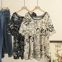 XL-5XL 영문 라운드넥 롱 티셔츠 빅사이즈옷 시원한 반팔티셔츠 꾸안꾸 레깅스코디 하프