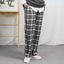 [오버나인] 남자 기모 체크 와이드 밴딩팬츠
