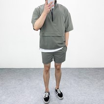 엠클로 남자 오버핏 메쉬 반집업 스판 아노락 바람막이 반팔 기본 밴딩 트레이닝 반바지 3종세트