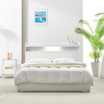 [삼익가구]러버 LED 4단 수납 원목 침대(매트제외-퀸), 내추럴