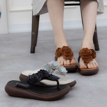 소 가죽 쪼리 꽃 슬리퍼 여성 웨지 키높이 4CM 발편한 (AN8080)