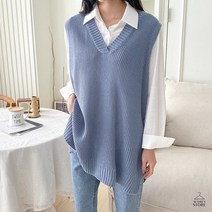 여성 빅사이즈 오버핏 브이넥 옆트임 무지 롱 니트 조끼
