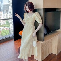 새로운 프랑스풍 로맨틱 원피스 레트로 가벼운 노란색 v- 넥 쉬폰 드레스 슈퍼 요정 롱 원피스