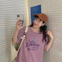 보라색티셔츠 여성 여름 차오쿠 감자 상의 슬림핏 순면 코튼 반팔 와이드 루즈핏 ULZZANG 2078586288