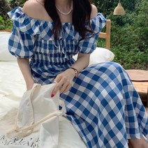 SN 휴가드레스 시원한 블루 체크 오프숄더 원피스 넥라인 소매 밴딩