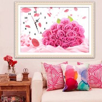 푸아이 3D 보석 십자수 핑크 장미 시계+행운십자수(30x30) 사칭업체주의 판매자 푸아이 꼭 확인후 주문 PW535, 1세트, 60x42cm