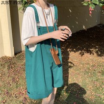 JUST FEEL!NG 여성 여름 무지 와이드핏 배기핏 멜빵반바지 통바지 점프수트
