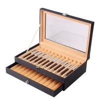 만년필파우치 만년필케이스 투명한 창을 가진 24 개의 구멍 나무로되는 펜 전시 저장 상자 2 층 PU 장치 만년필 수집 정리함 상자, 검은색