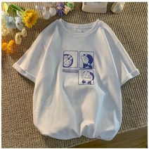 KORELAN 대형 반팔 티셔츠 여성 여성 의류 새로운 유행 도라에몽 느슨한 지방 mm 배꼽 커버 탑 티벳 고기