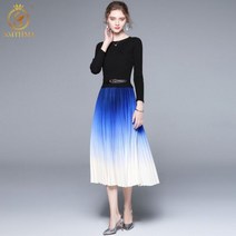 하객룩 정장원피스 하객원피스 런웨이 빈티지 니트 패치워크 그라데이션 주름 미디 드레스 여성용 패션 가을