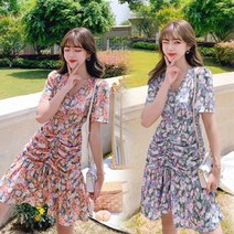 빈티지 주름 원피스 플라워 큐티 브이넥 무늬 앤티크 꽃