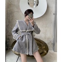 A라인코트 숏스타일 울코트여성 士申 겨울 빈티지 네이비카라 날씬해보이는 하운드투스무늬 코트 유행