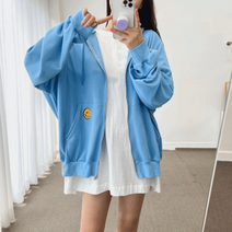 부클 스마일 자수 오버핏 후드 롱 집업 점퍼 4color