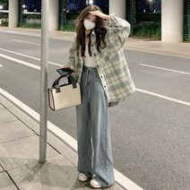 그린 체크남방 여성 디자인감각 고퀄리티 봄가을 클래식 와이드 루즈핏 와이셔츠 보이핏 볼륨 시크 절미 코트 상의