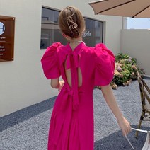 벨티드 퍼프소매 뒷트임 리본 원피스LO050