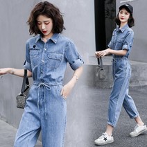 반팔 데님 점프슈트 여여름 여성 패션 날씬해 보이는 카고룩 캐주얼 점프슈트 트렌드