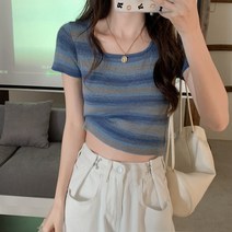 봄여름 슬림핏 스트라이프 사각넥 니트 반팔 여상