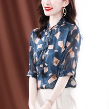 플라워프릴블라우스 셔츠 여성 2022 여름 스타일리쉬 미드 소매 프린트다 와이드 루즈핏 슬림핏 플블라우스 4802154907