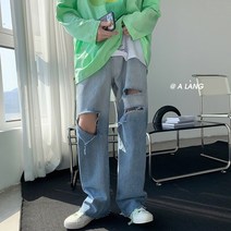 찢어진 데님 바지 남성 유행 느슨한 스트레이트 바지 가을 패션 브랜드 스트리트 드레이핑 드래그 롤 바지