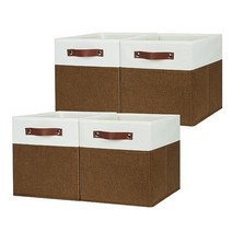 HNZIGE Fabric Storage Cubes Bins for Shelves 13x13 Storage Cubes Set Of 4 Foldable Cubby Storage Bi, Brown White, 11