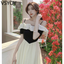 vsyoy 프랑스 스타일 우아한 러플 A 라인 스커트 여름 틈새 디자인 센스 쉬폰 드레스 오프 숄더 스티칭 미디 드레스