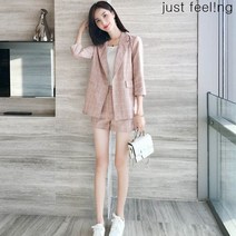 just feel!ng여름 여성 7부 반팔 세미 정장 반바지 투피스 세트 격자 체크 슬림핏 빅사이즈 오피스룩 세트