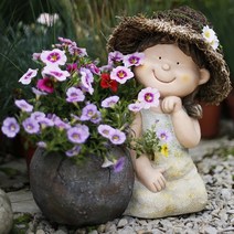 귀여운 인형 화분 밀짚모자 쓴 꼬마 소녀 소년 인테리어 소품 장식 조형물 데코, 깨진 깡통 밀짚모자 소녀