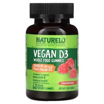NATURELO 내츄렐로 비건 비타민 D3 (콜레칼시페롤) 홀 푸드 구미 딸기 1000 IU (25 mcg) 60 프랜들리 칼시트리올