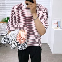 애드매이브 6컬러 스트라이프 단가라 오버핏 5부 반팔티셔츠 빅사이즈까지 반팔 티셔츠