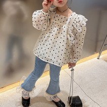 여아동 도트 레이스 블라우스 땡땡이 셔츠 레이스 플레어 부츠컷 팬츠 투피스 세트 코니티