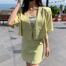 (개별구매가능)크롭 노카라 어깨패드 린넨자켓 A라인 밴딩스커트 세트 4colors