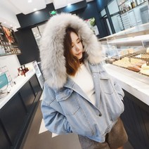 트랜디한 오버핏 풍성한 안감 퍼 후드 여성 청자켓