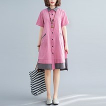 셔츠원피스 셔츠원피스 2022여름 빈티지 보색 병접연결 코튼리넨반팔 원피스 루즈핏라지 서양스타일어려보이는
